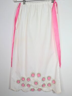 Girls Crochet Dress 8-9 Shift White Cotton Pink Flowers Homemade Summer Party